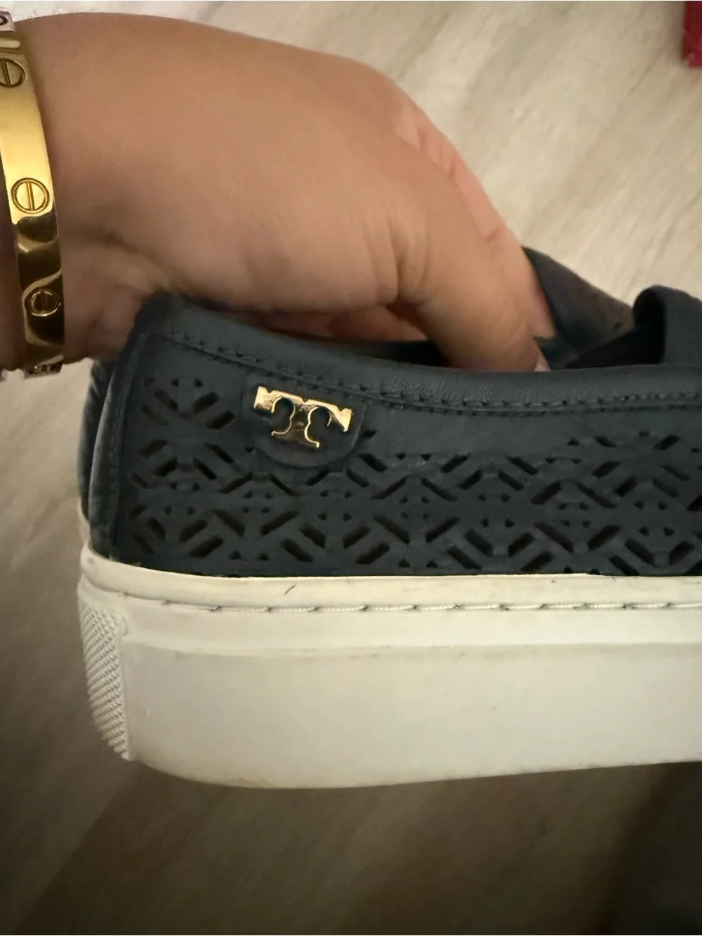 Tory Burch Navy Laser-Cut Slip-On Sneakers with White Sole